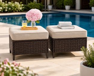 All Weather Outdoor Rattan Patio Ottoman, Beige (Set of 2)