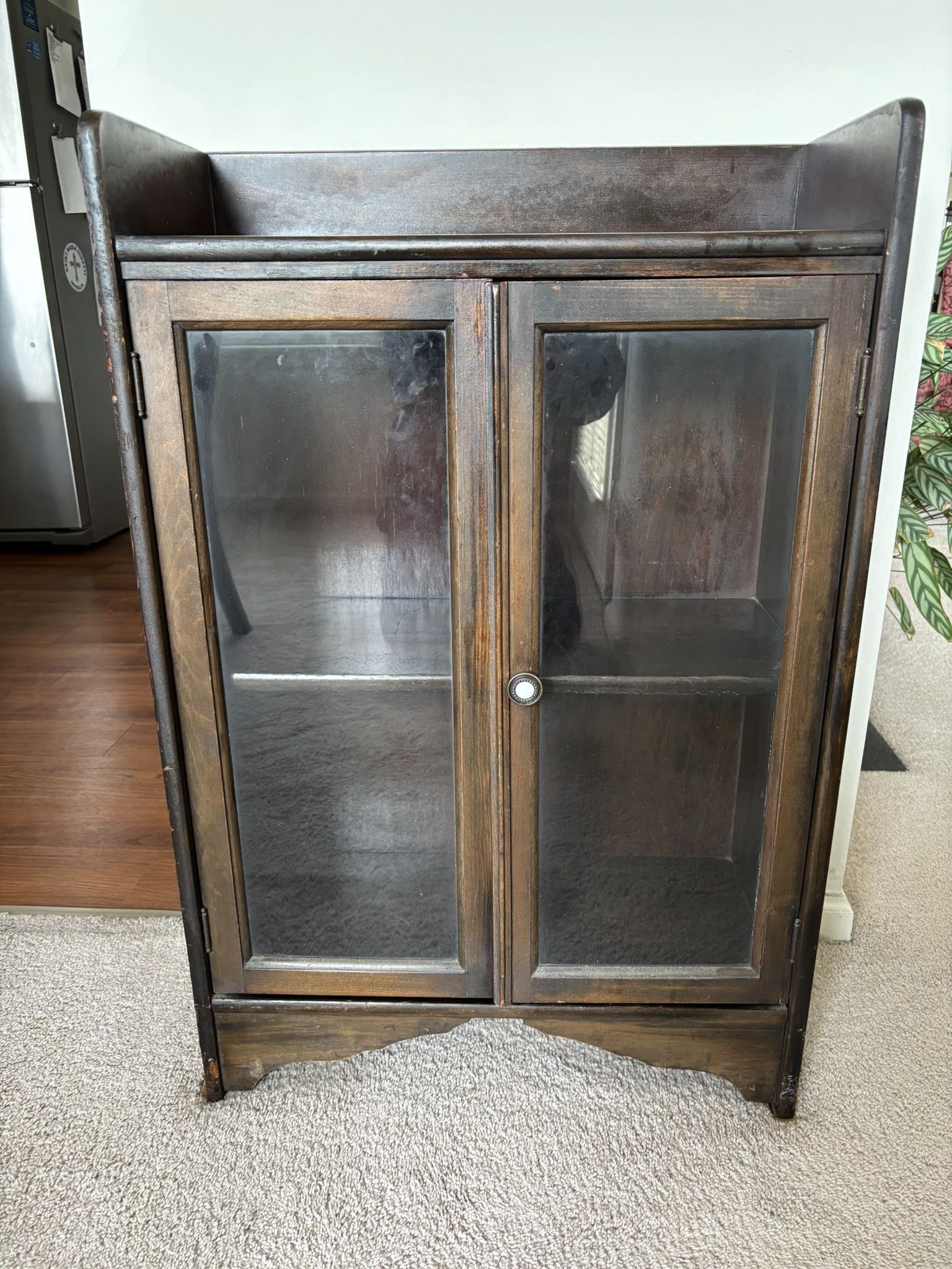 Antique Solid Wood Two Glass Door Cabinet, 36”H x 26”W x 12”D, good condition.