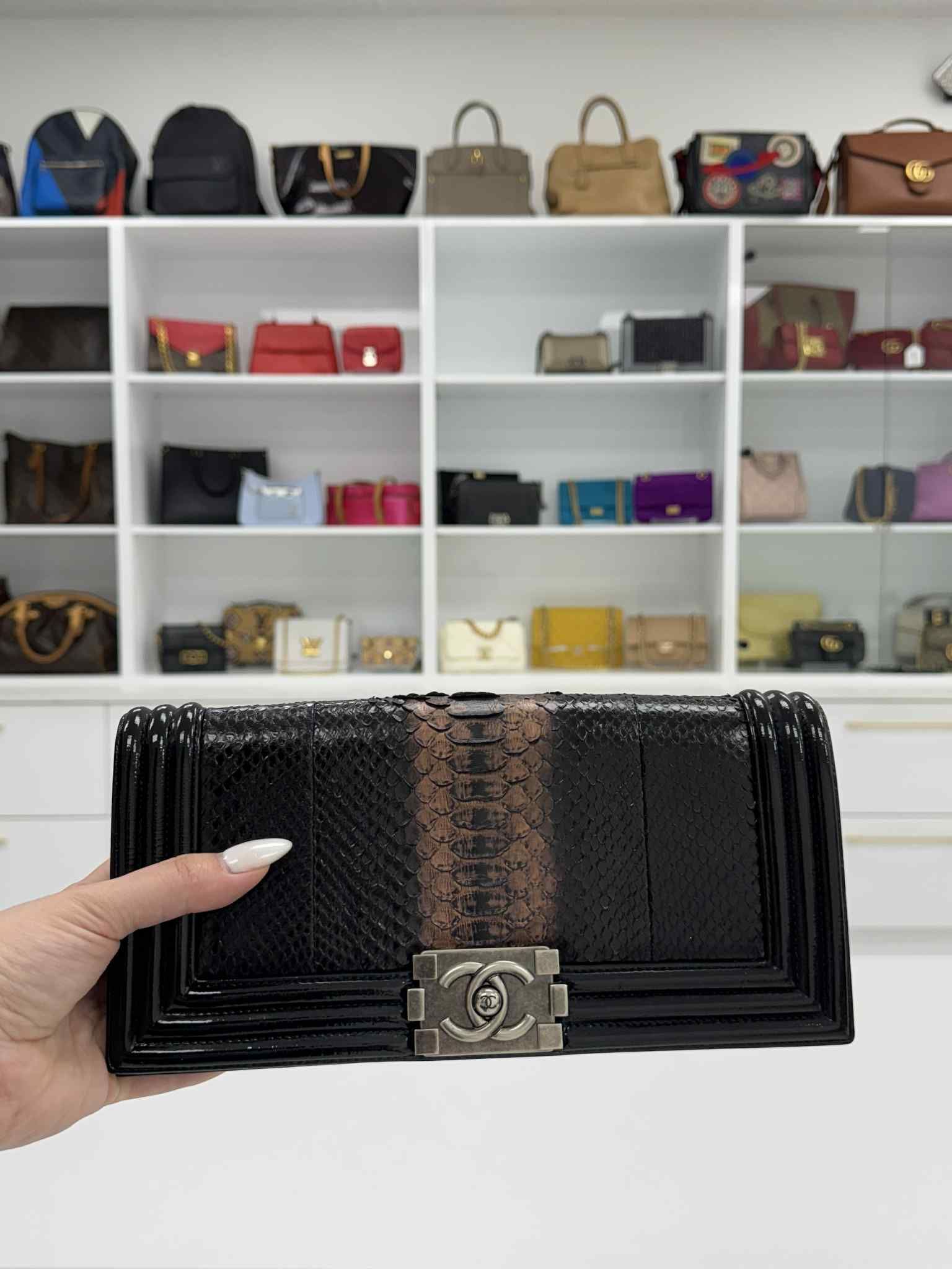 Chanel Python Patent Boy Clutch Bag Black