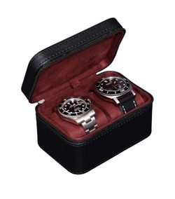 ROTHWELL 2 Watch Travel Case for Men | Compact PU Leather Protective Box with Microsuede Interior | Fits Watches & Smartwatches Up to 55mm (Black/Red)