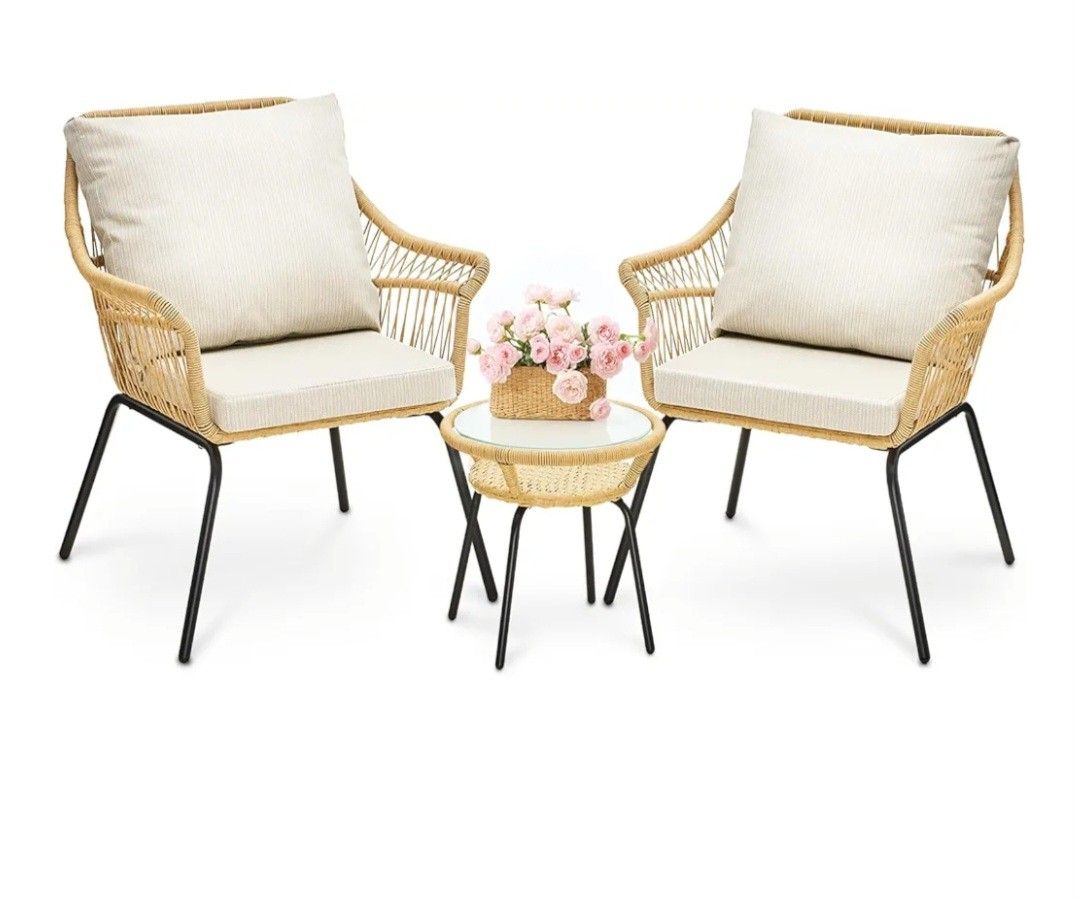 3 Piece Patio Bistro Set, Small Patio Furniture Set, Outdoor Wicker Chairs Set, Outdoor Rattan Chairs & End Table, with Weather-Resistant Cushions for