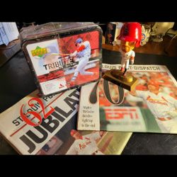 Vintage/Rare, St. Louis Cardinal, Mark Mquire: 3x items. Sealed/new Upper Deck, Tribute Tin Lunch Box w/30 cards, 2x  St. Louis Post-Dispatch, newspap