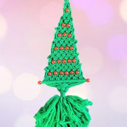 Vintage 70’s Macrame Green Christmas Tree Wall Hanging Wood Beads Spheres 34x12”