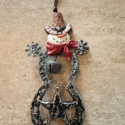 Rustic Metal Texas Western Horseshoe Cowboy Snowman Christmas Ornament
