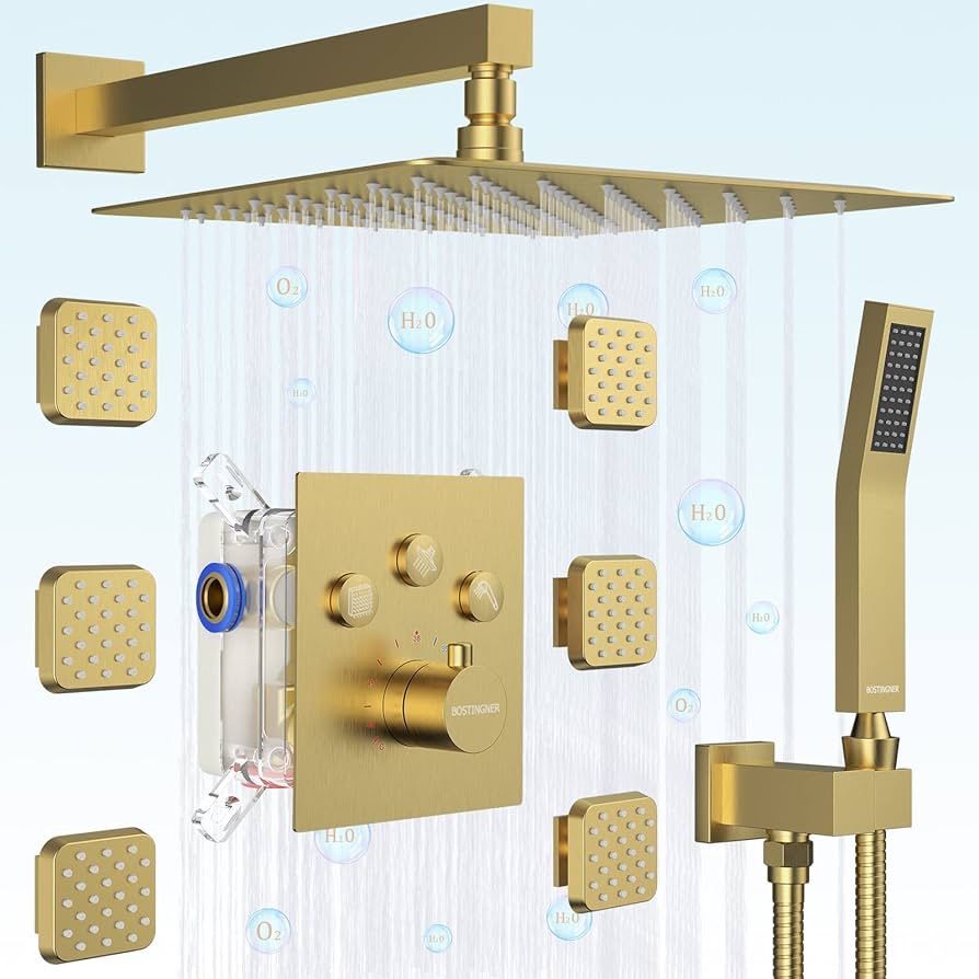 Bostingner Brushed Gold Shower Faucet with Body Spray Jets, 12 inch Wall Mount Rainfall Shower and Handheld Full Body Shower System Contain Thermostat
