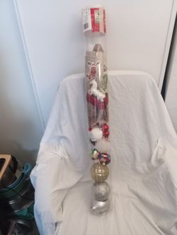 38 INCH LONG CANISTER CYLINDER FULL OF CHRISTMAS DECOR ORNAMENTS
