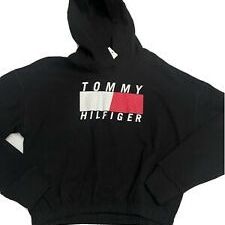 Women's TOMMY HILFIGER Sport  Black Logo Spellout Crop Hoodie Sweatshirt Size L And Xl
