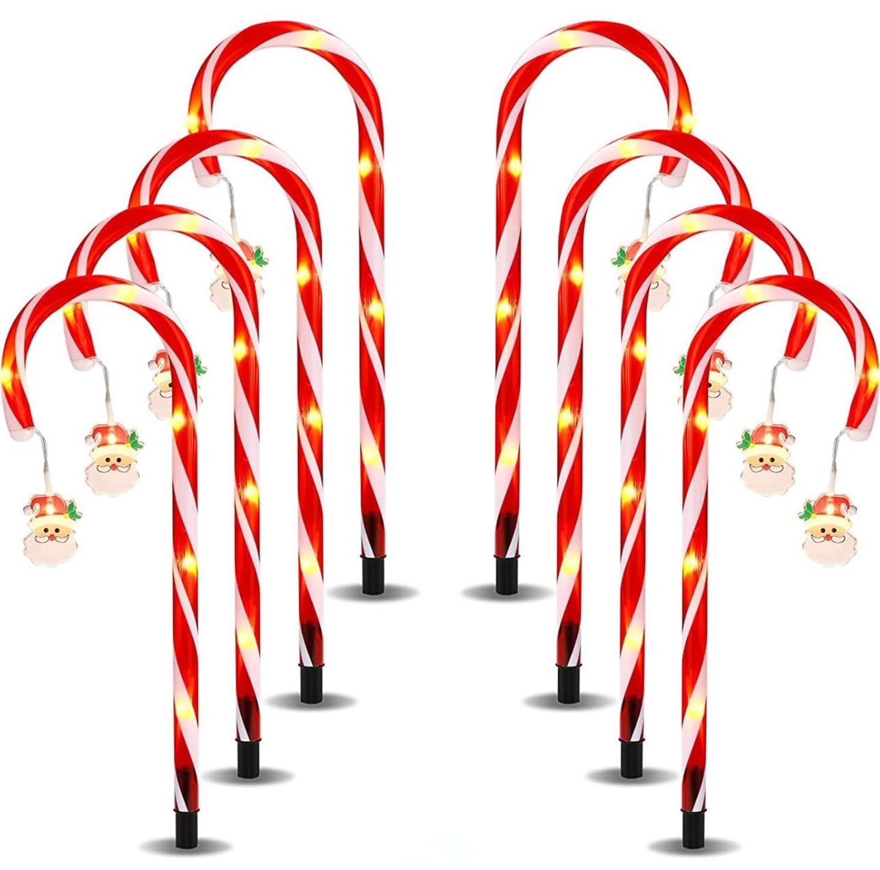 Christmas Candy Cane Solar Light with Cute Santa Claus Star Snowflake, Set of 8 Christmas Outdoor Decorations Pathway Markers for Sidewalk Yard Holida