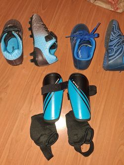 Kid soccer shoes, cleats, turf, and shin guards