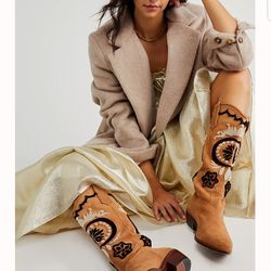 New Free People Embroidered Suede Leather Boots Size 11