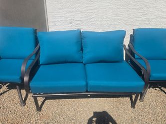 $1300 ARIZONA IRON PATIO SET WITH NEW SUNBRELLA CUSHIONS LOVE SEAT AND 2 SWIVEL SPRINGS CHAIRS