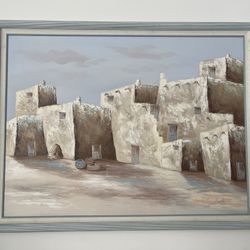 vintage oil painting of a Southwestern Pueblo village