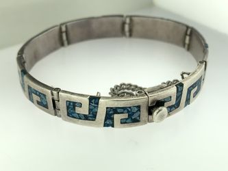 Vintage Heavy Turquoise Chip Mexico Sterling Silver Signed Bracelet 28.5 Grams