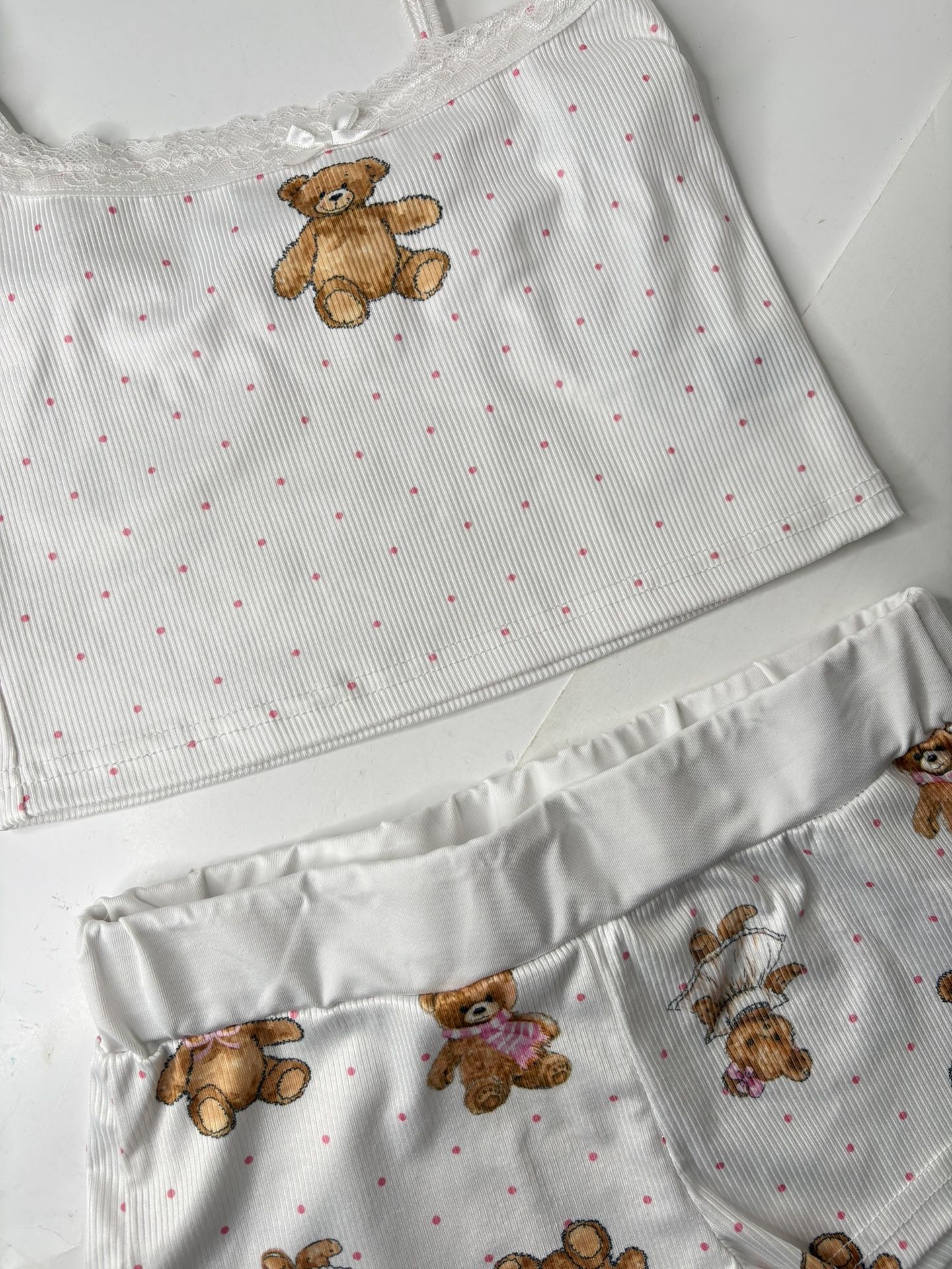 XS 2pcs Set Lace Bow Spaghetti Strap Teddy Bear Print