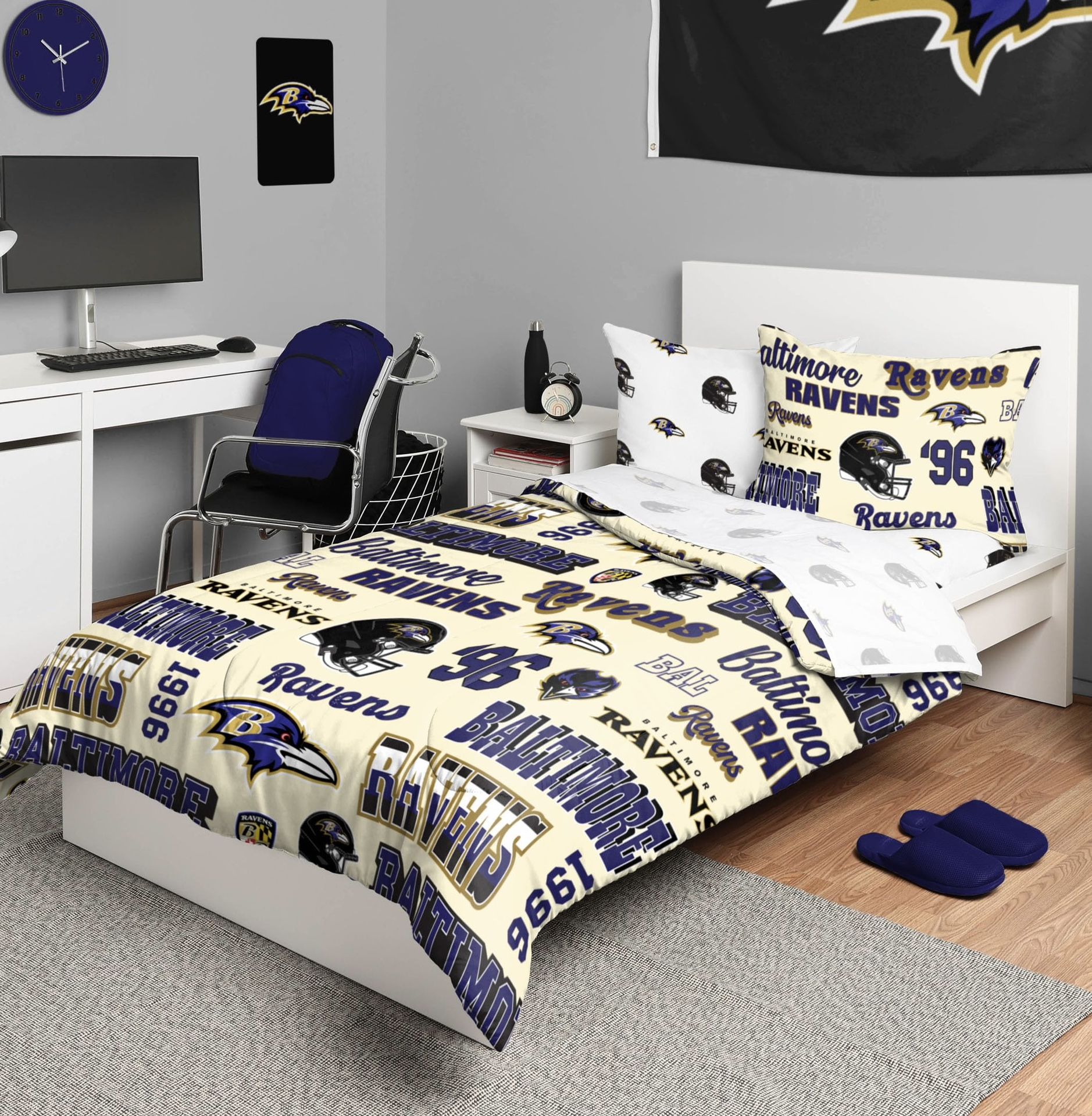 FOCO Baltimore Ravens NFL Retro Bed In A Bag Comforter Bedding 5 Piece Twin Set