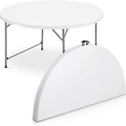 New MoNiBloom 4.5Ft Round Folding Table, Indoor Outdoor Plastic Dining Card Table with Handle and Lock for Picnic Party Banquet Wedding, White New in