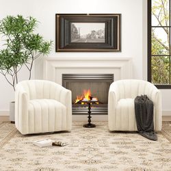 Set of 2 Swivel Accent Chair, Comfy Velvet Barrel Arm Chair, Pumpkin Shaped Curved Chair with Metal Base