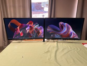 Dual Acer 27” Widescreen Full HD Computer Monitor on Desk Arm