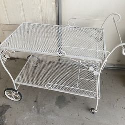 Rare 1940’s-1960’s Russell Woodard Rose wrought iron bar cart. All four wheels smooth grea