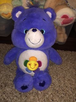 Large 14” purple harmony Carebear with flower on tummy ! Carebears plush plushie doll sale! Free surprise gift 🎁 with purchase!