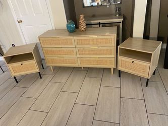 3-Piece Light Wood and Rattan Bedroom Set - Dresser and 2 Nightstands