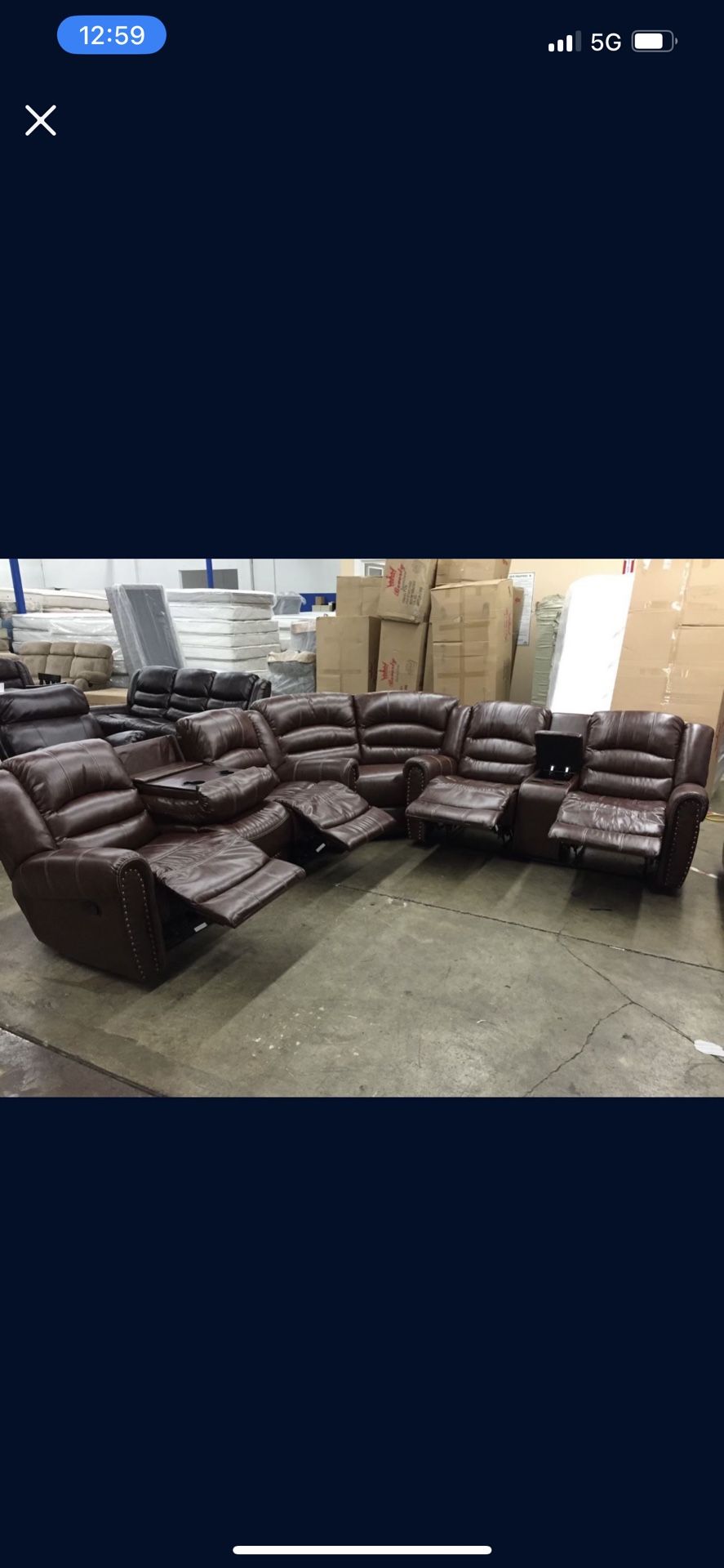 Large Brown Leather Wrap Around Reclining Sectional Couch