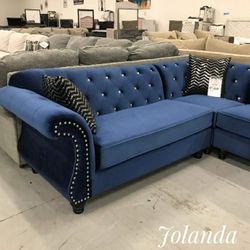 Sectional Couch Chesterfield Style Blue Sectional No Needed Credit Check 💛 $39 Down Payment with Financing