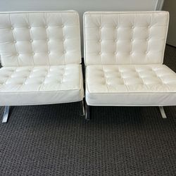 Barcelona-Style Tufted White Leather Lounge Chairs / Couches