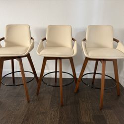 Armen Living Baylor Mid Century Modern Swivel Bar Stool for Kitchen Island Counter in Cream Faux Leather and Walnut Wood, 26" Seat Height