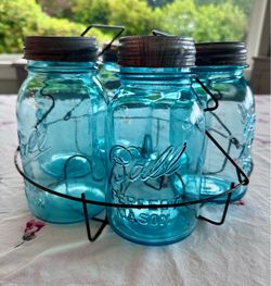6 vintage quart size Blue Ball canning jars w/ zinc lids in a rusty metal vintage canning jar metal  basket