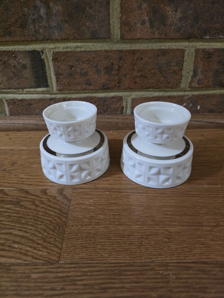 Vintage Pair of Lenox Echo Collection Candlestick Holders with a Platinum Ring