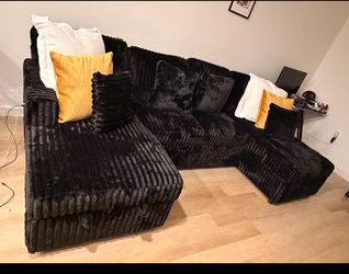 Brand New Black Corduroy Pullout Bed And Storage Sectional Sofa with Chaise