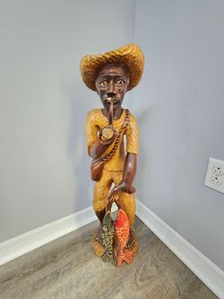 Fork Art Primitive Sculpture Hand Carved Wood Fisherman Staue 33"
