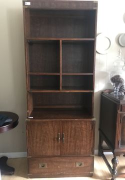 Drexel campaign style bookshelf with drawer and cabinet