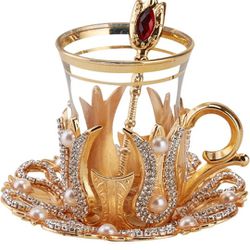 Set of 6) Turkish Tea Glasses Set with Saucers Holders Spoons & TRAY, Decorated with Swarovski Type Crystals and Pearl,25 Pcs, 3.3 Ounces

