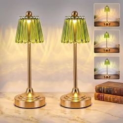 Brand new in box Set of 2 Small Vintage Cordless Table Lamp, Green Glass Shade, 3 Color Dimming,Touch Accent Lamp for Bedroom, Nightstand, Living Room