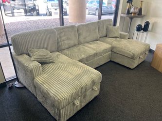 Sage Green Corduroy U-Shape Sectional Sofa