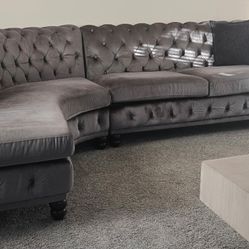 Tufted Sectional Couch Dark Gray Velvet