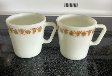 Pair of Vintage Pyrex Butterfly Gold Milk Glass Coffee Tea Mugs