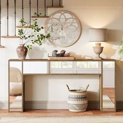Mirrored Console Table for Entryway Farmhouse Wood Sofa Table Behind