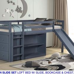 Twin loft bed with slide, bookcase & chest. Available in grey & white. Assembly required.  Assembly not included.  Tax included.  Free local delivery.