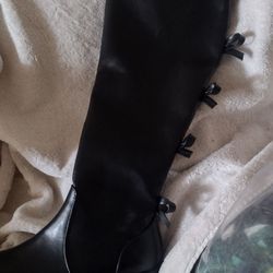 XYD Women Over The Knee Thigh High Riding Boots Chunky Heel Round Toe Back Bows side Zipper size 9 Stretchy