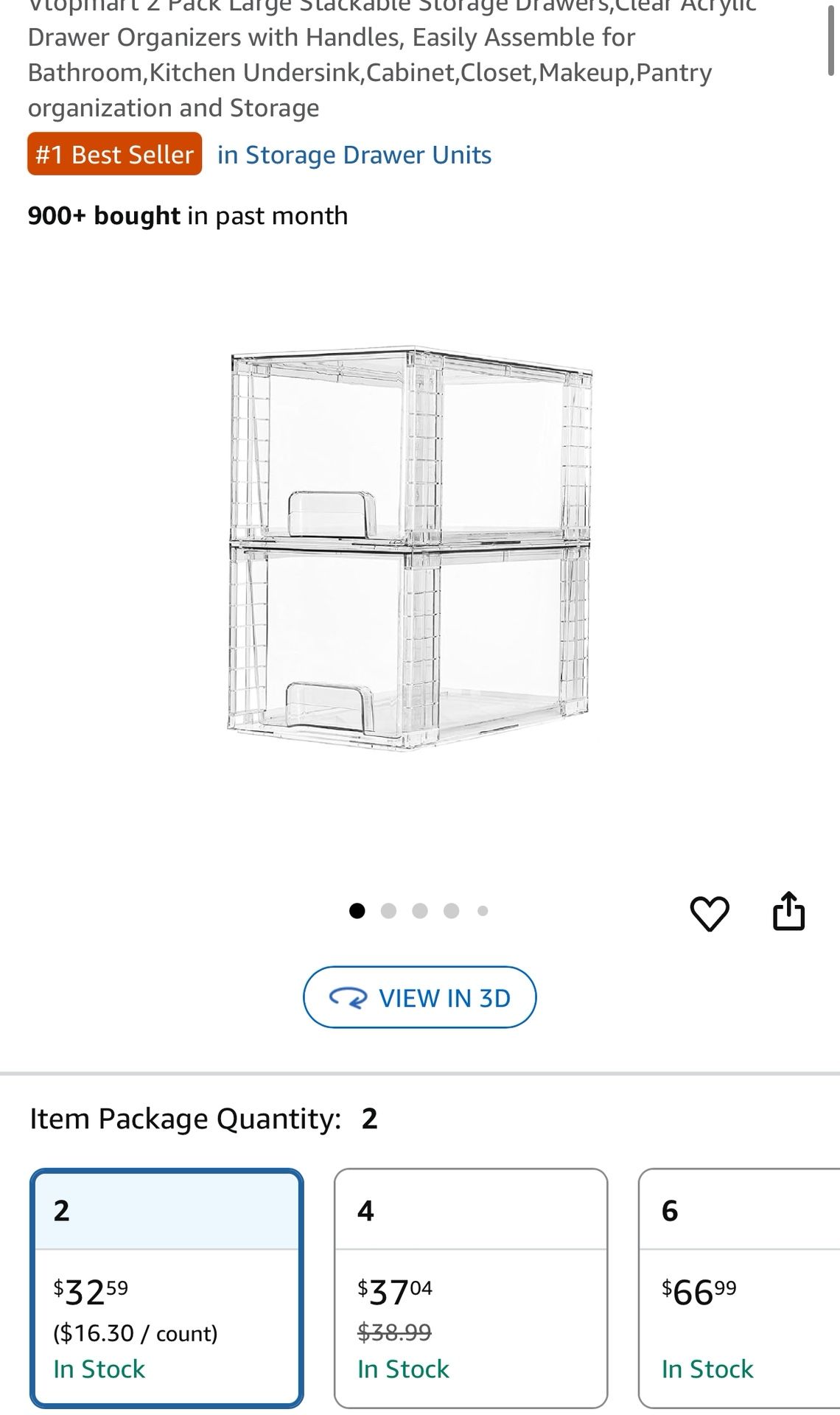 Vtopmart 1Pack Large Stackable Storage Drawers,Clear Acrylic Drawer Organizers with Handles, Easily Assemble for Bathroom,Kitchen Undersink,Cabinet,C