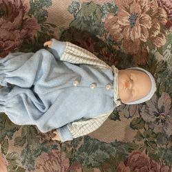 Vintage Porcelain Baby Boy Doll, Blue Outfit with Hat, Stamped 