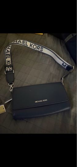 Michael Kors Women Large Jet Set Leather Zip Around Crossbody Purse Bag Navy