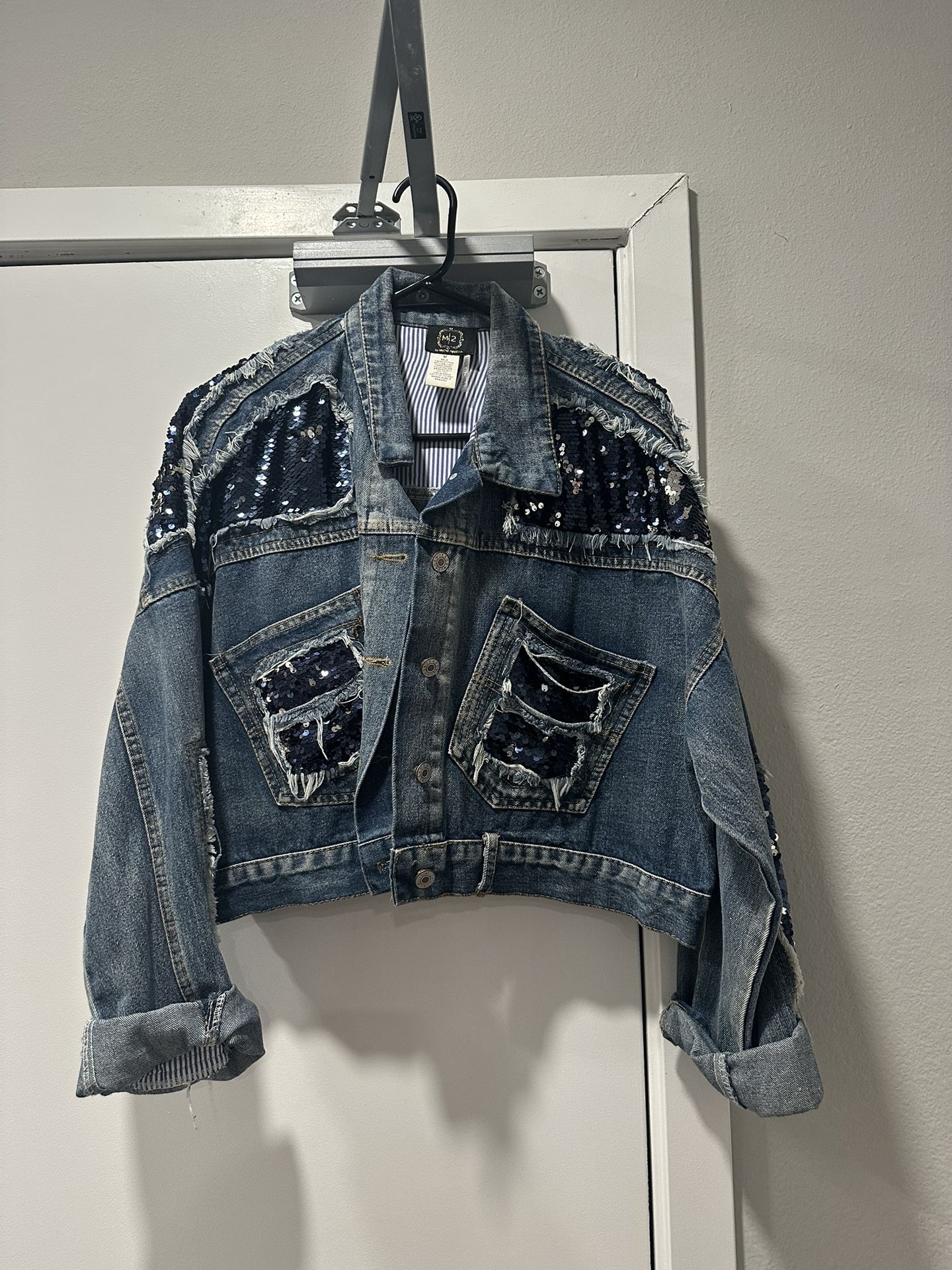 Cropped Denim Jacket with Sequin Accents