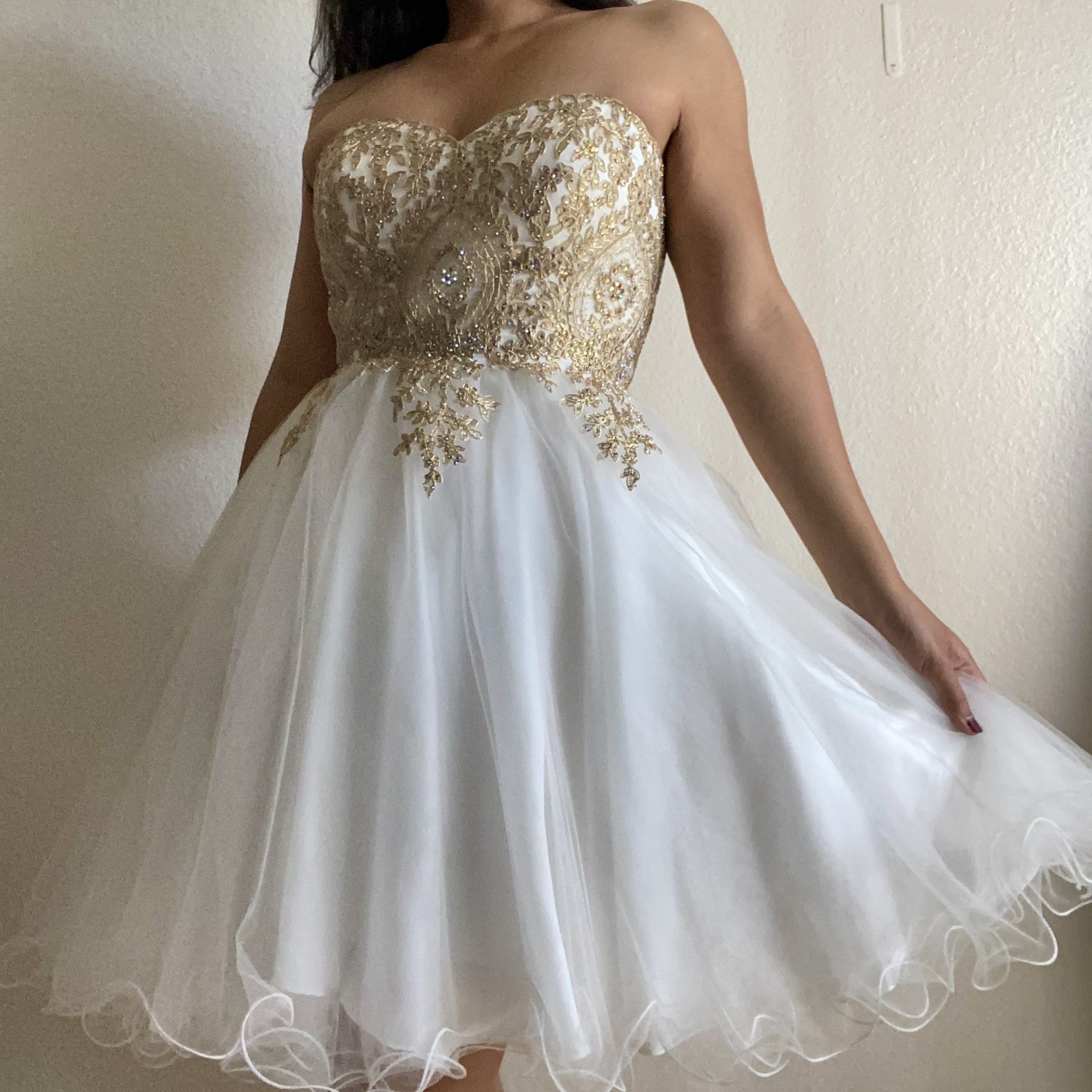 White Gold Tulle Strapless Ball gown Dress