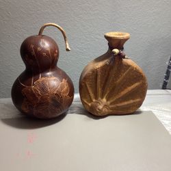 Home Decor:  Gourd - Hand Etched And Opens At Top Along With Decorative Vase With Sundays - Same Color As Etching On Gourd-both About 10” Tall