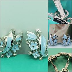 Beautiful Vintage Trifari clip and Crystal Earrings flowers, Retro  Style silver plated #874
