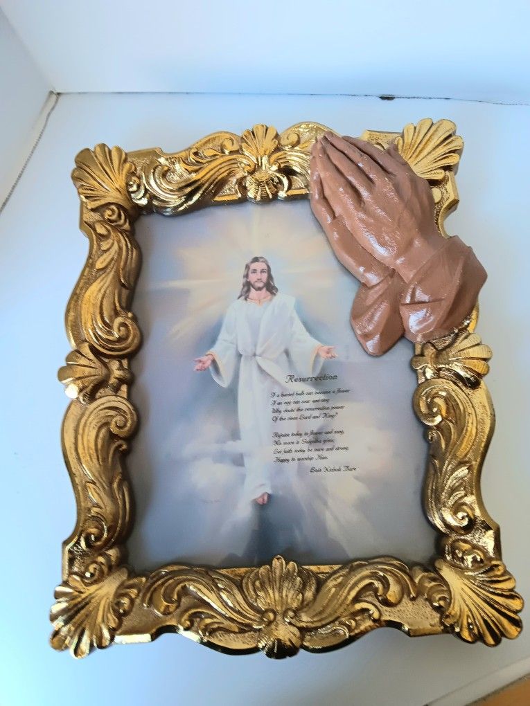 Vintage Ornate Gold Framed Religious Jesus Praying Hands Wall Art Picture 10x12